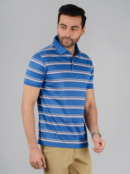 Royal Blue Striped Slim Fit Polo T-Shirt | JB Sport