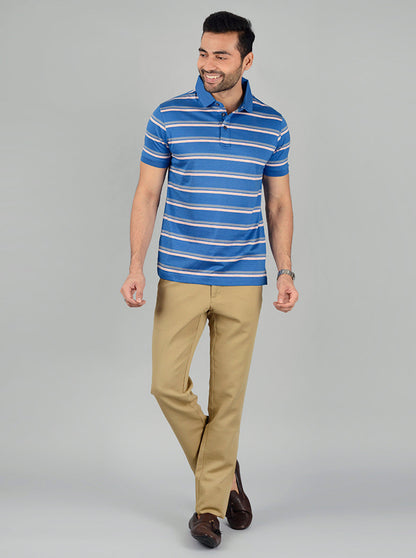 Royal Blue Striped Slim Fit Polo T-Shirt | JB Sport