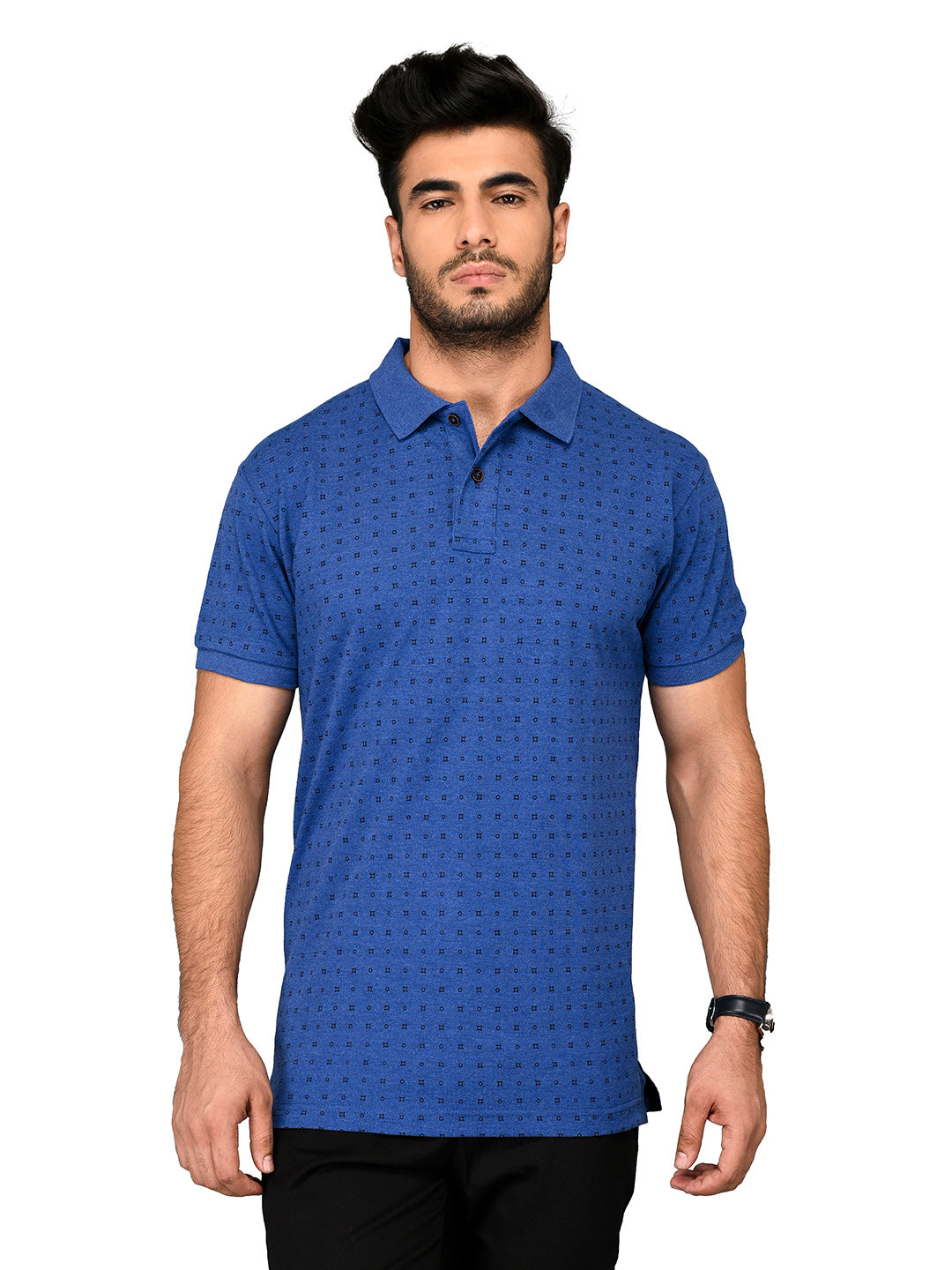 Blue Printed Slim Fit Polo T-shirt | Greenfibre