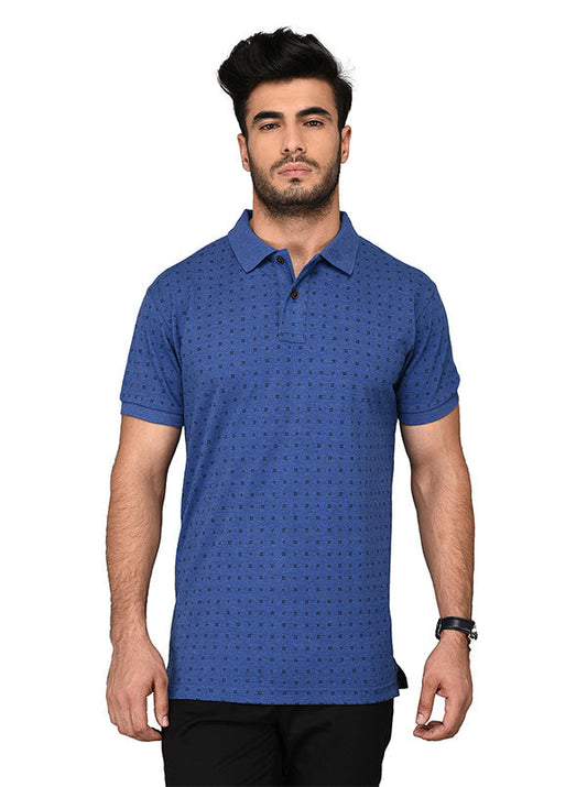 Blue Printed Slim Fit Polo T-shirt | Greenfibre