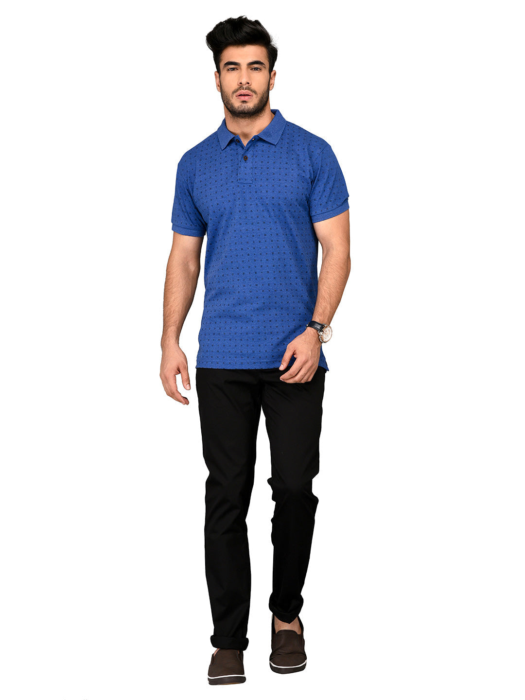 Blue Printed Slim Fit Polo T-shirt | Greenfibre