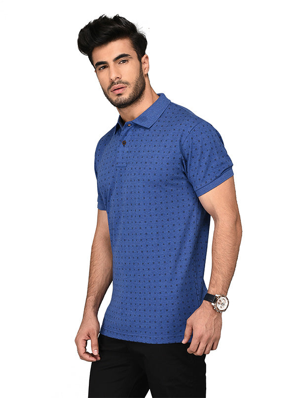 Blue Printed Slim Fit Polo T-shirt | Greenfibre