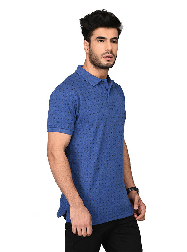 Blue Printed Slim Fit Polo T-shirt | Greenfibre