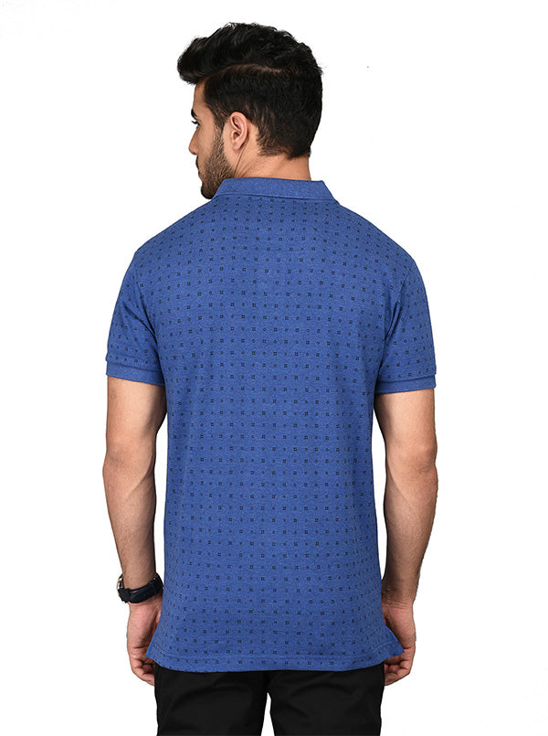 Blue Printed Slim Fit Polo T-shirt | Greenfibre