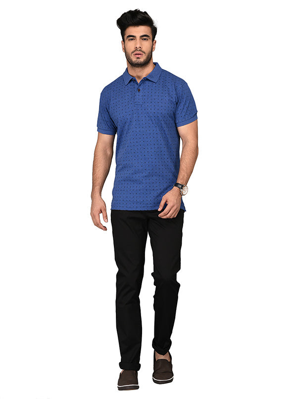 Blue Printed Slim Fit Polo T-shirt | Greenfibre