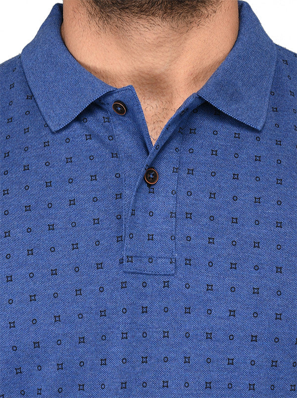 Blue Printed Slim Fit Polo T-shirt | Greenfibre