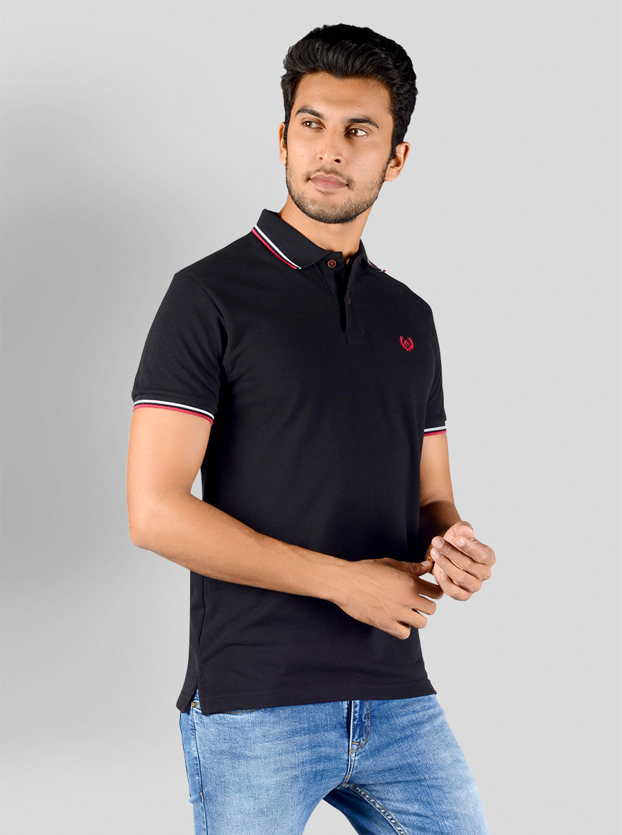 Jet Black Solid Slim Fit Polo T-shirt | Greenfibre
