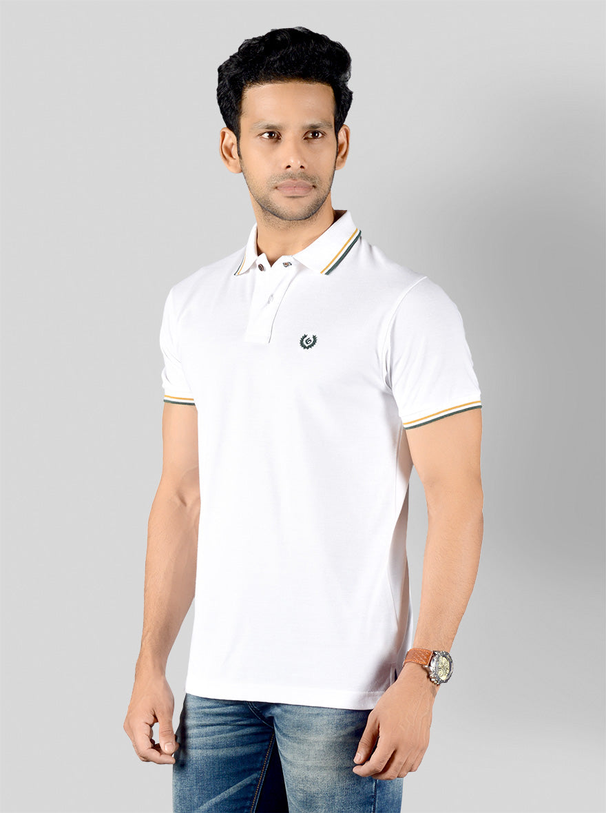 White Solid Slim Fit Polo T-shirt | Greenfibre