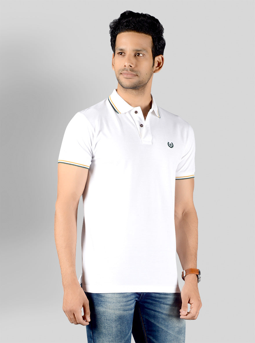 White Solid Slim Fit Polo T-shirt | Greenfibre