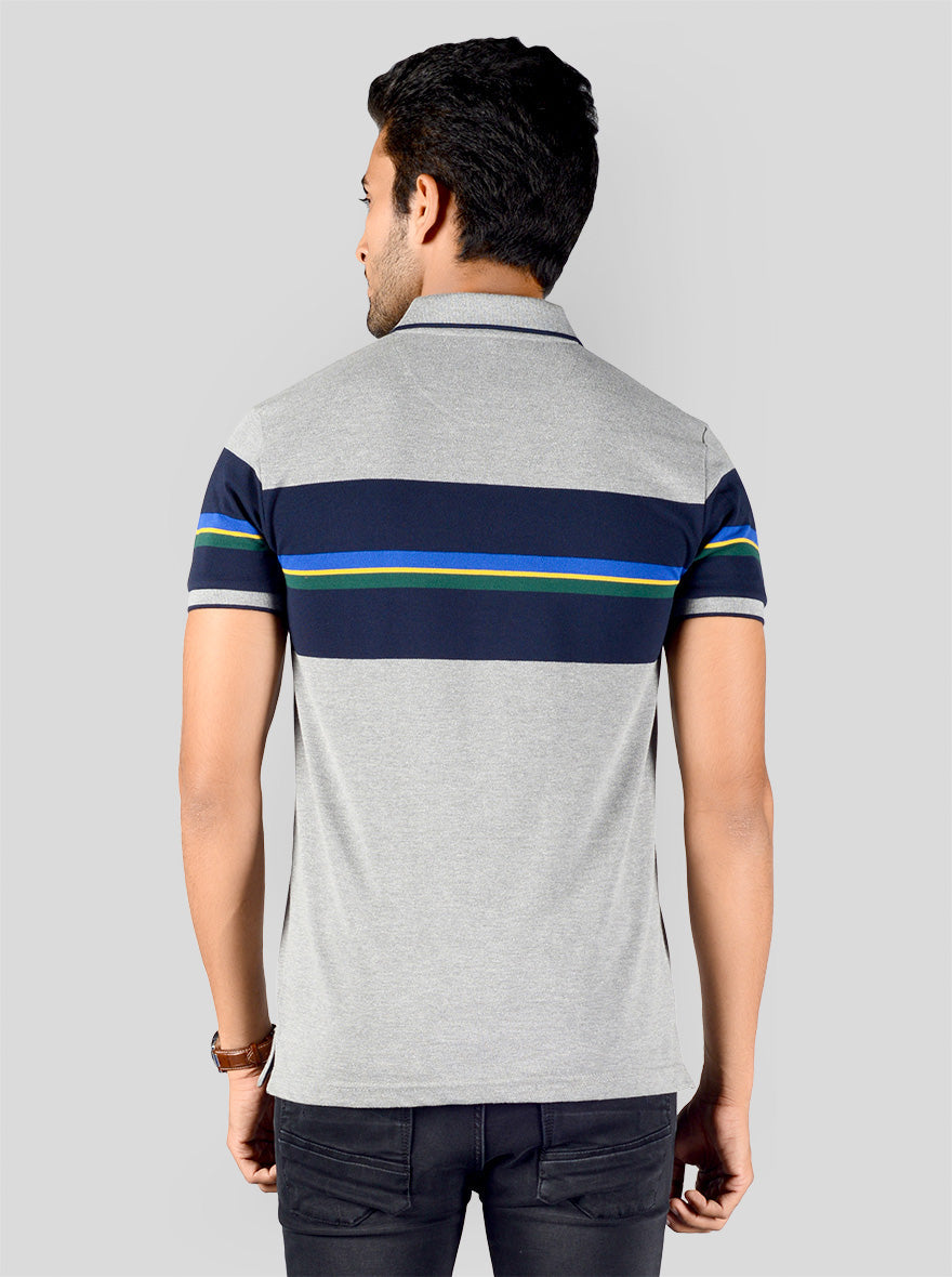 Light Grey & Blue Striped Slim Fit Polo T-shirt | Greenfibre
