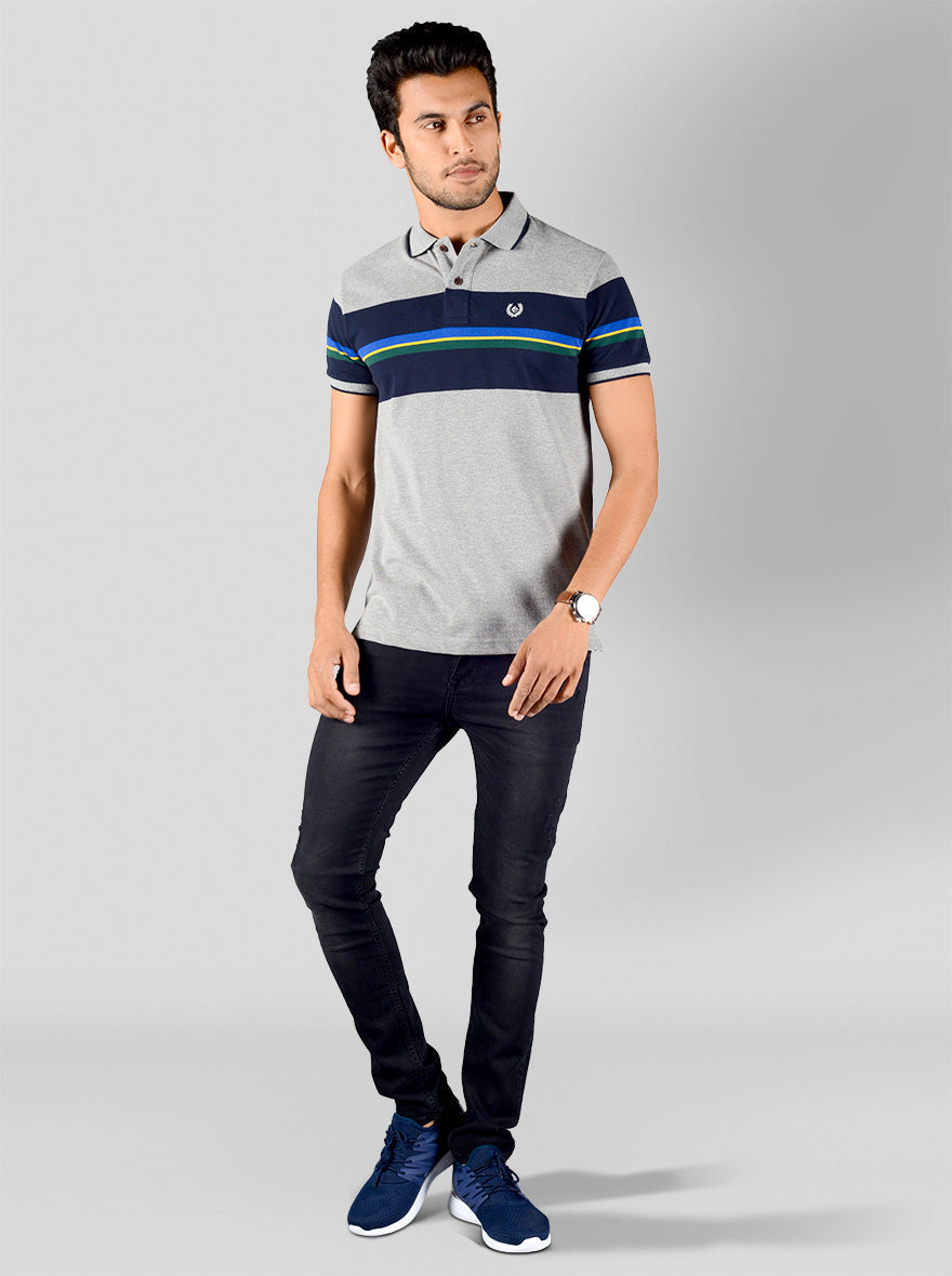 Light Grey & Blue Striped Slim Fit Polo T-shirt | Greenfibre