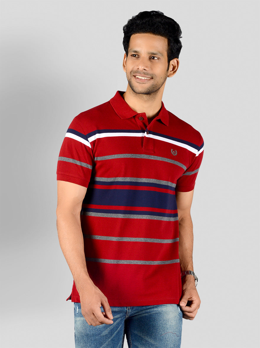 Jester Red Striped Slim Fit Polo T-shirt | Greenfibre