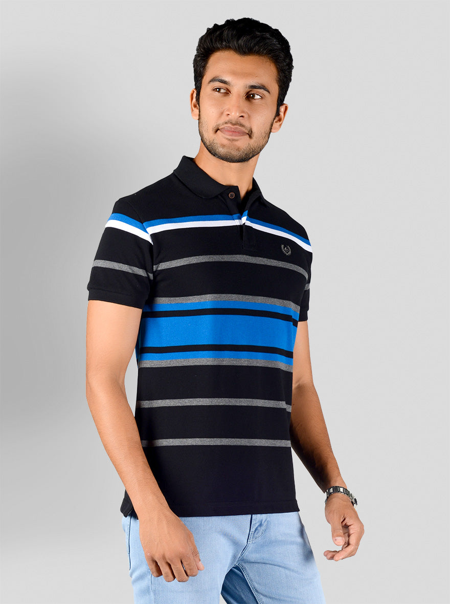 Black Striped Slim Fit Polo T-shirt | Greenfibre