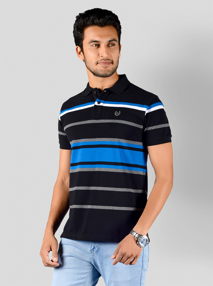 Black Striped Slim Fit Polo T-shirt | Greenfibre