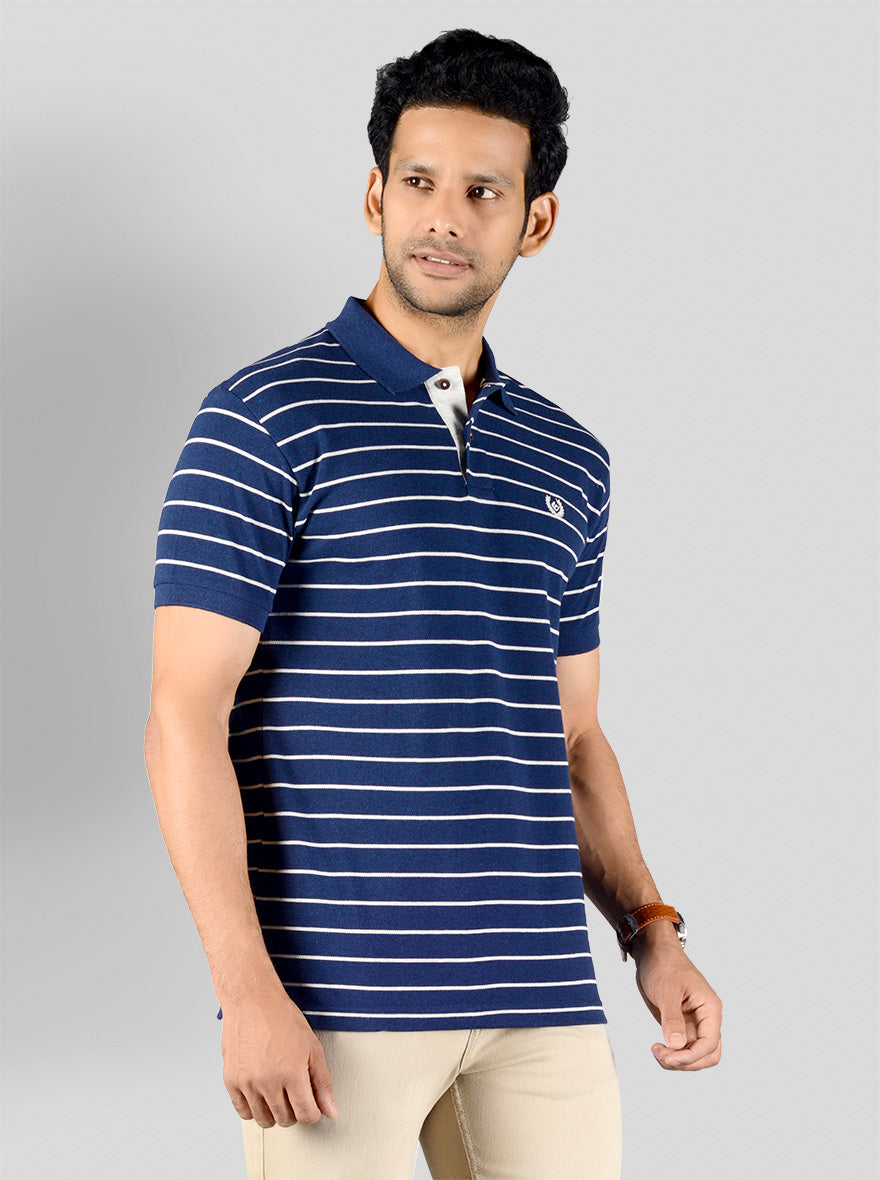 Indigo Blue Striped Slim Fit Polo T-shirt | Greenfibre