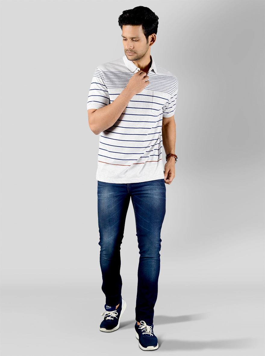 Glacier Grey Striped Slim Fit Polo T-shirt | Greenfibre