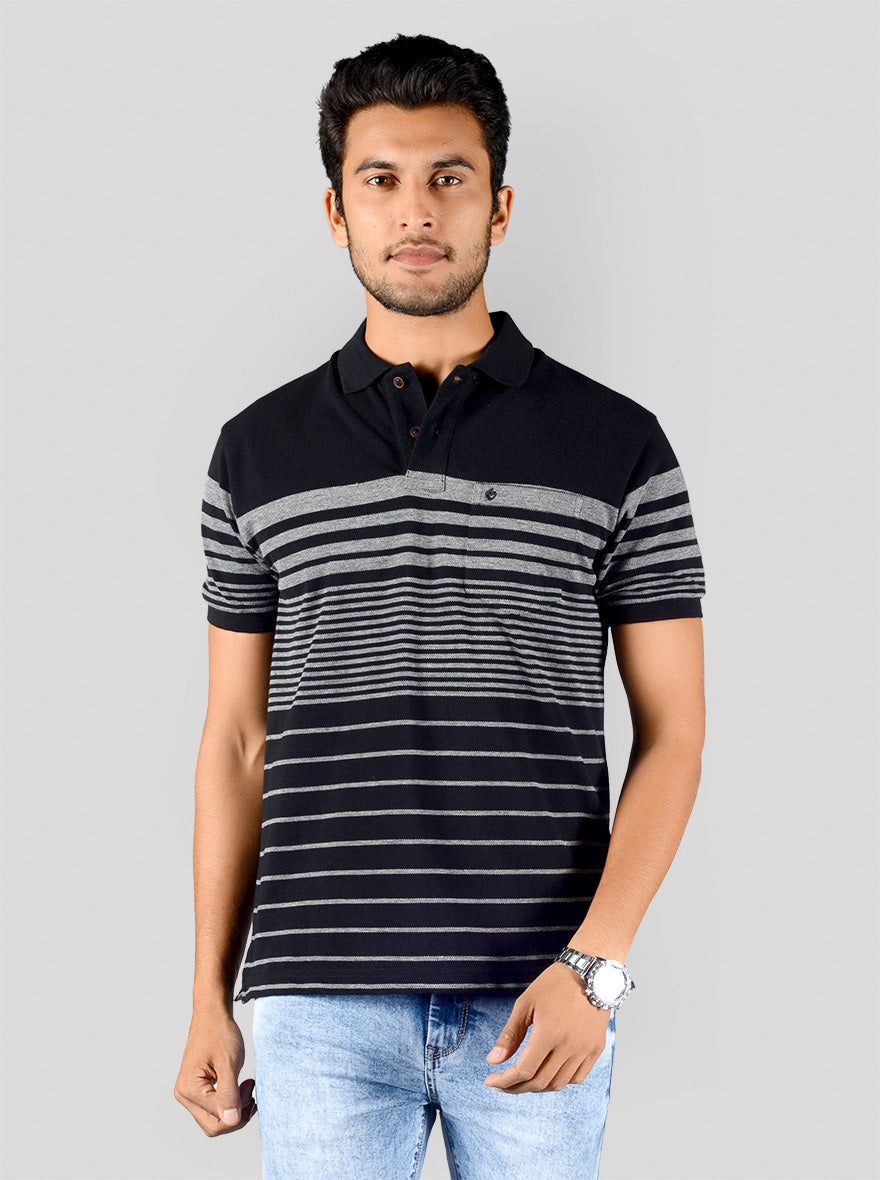 Grey & Black Striped Slim Fit Polo T-shirt | Greenfibre