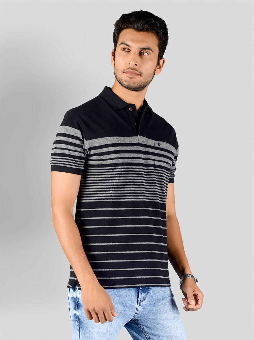 Grey & Black Striped Slim Fit Polo T-shirt | Greenfibre
