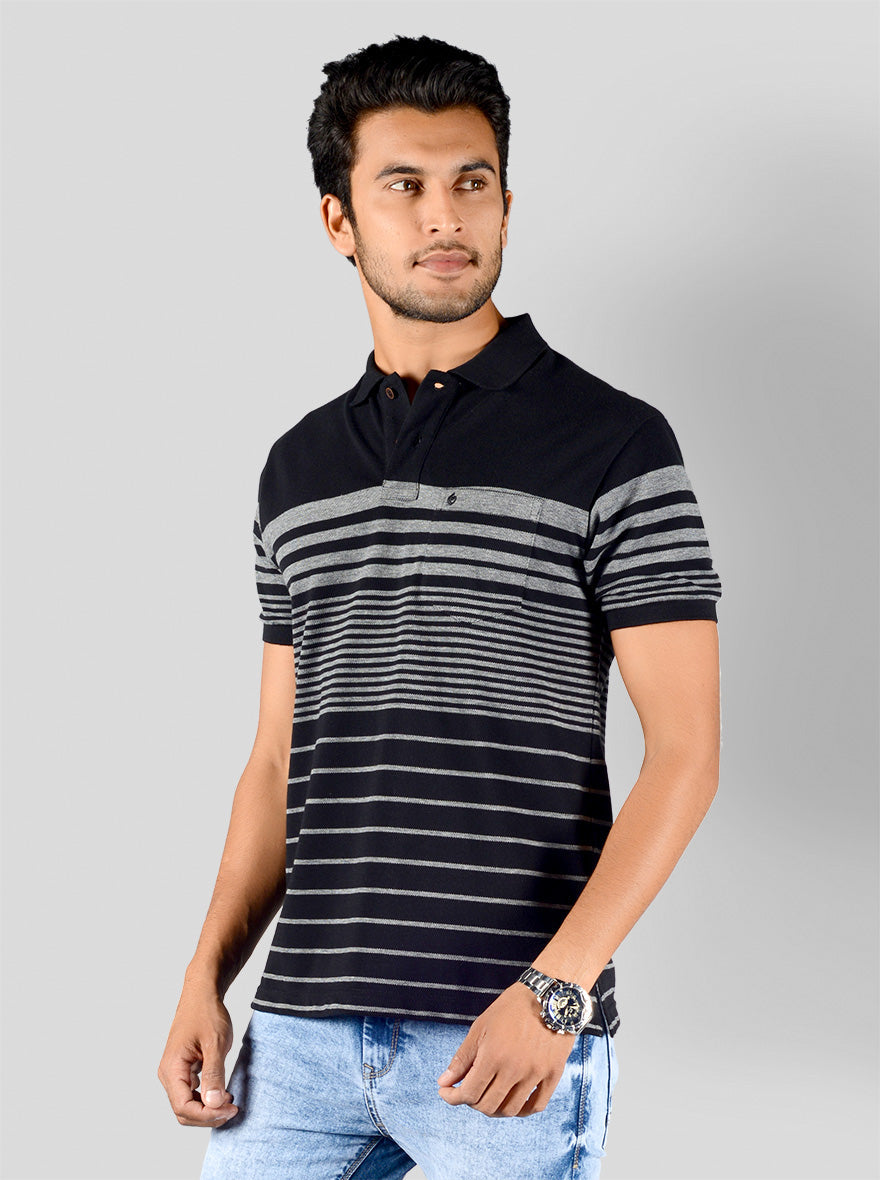Grey & Black Striped Slim Fit Polo T-shirt | Greenfibre