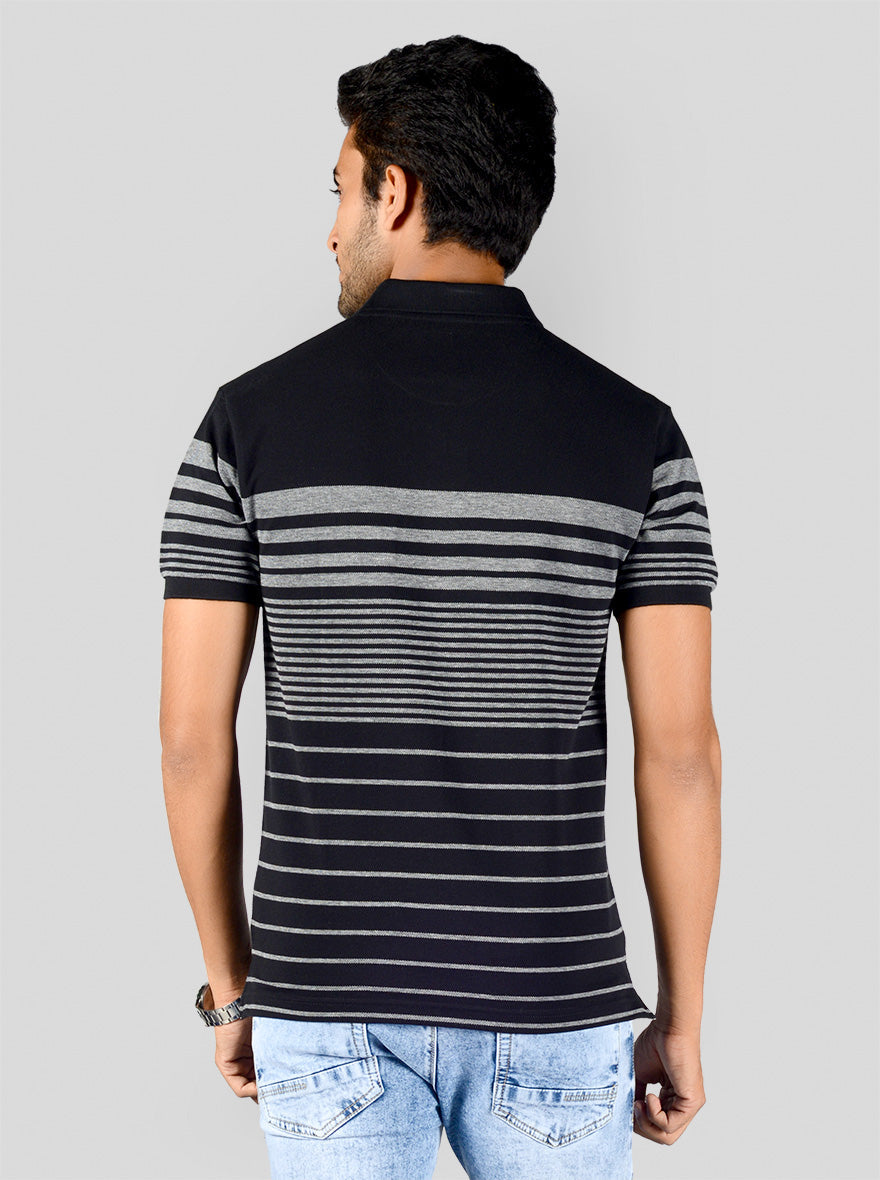 Grey & Black Striped Slim Fit Polo T-shirt | Greenfibre