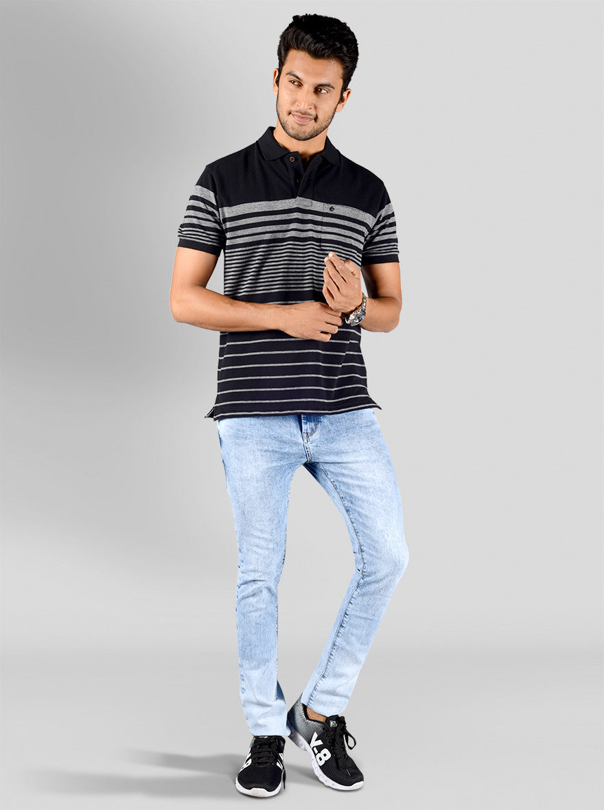 Grey & Black Striped Slim Fit Polo T-shirt | Greenfibre