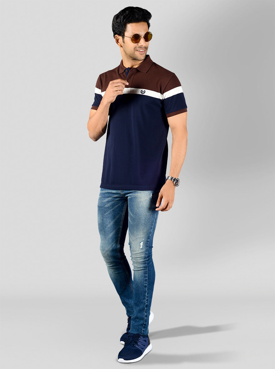 Dark Brown & Navy Blue Striped Slim Fit Polo T-shirt | Greenfibre