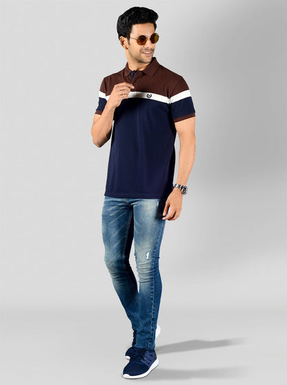 Dark Brown & Navy Blue Striped Slim Fit Polo T-shirt | Greenfibre