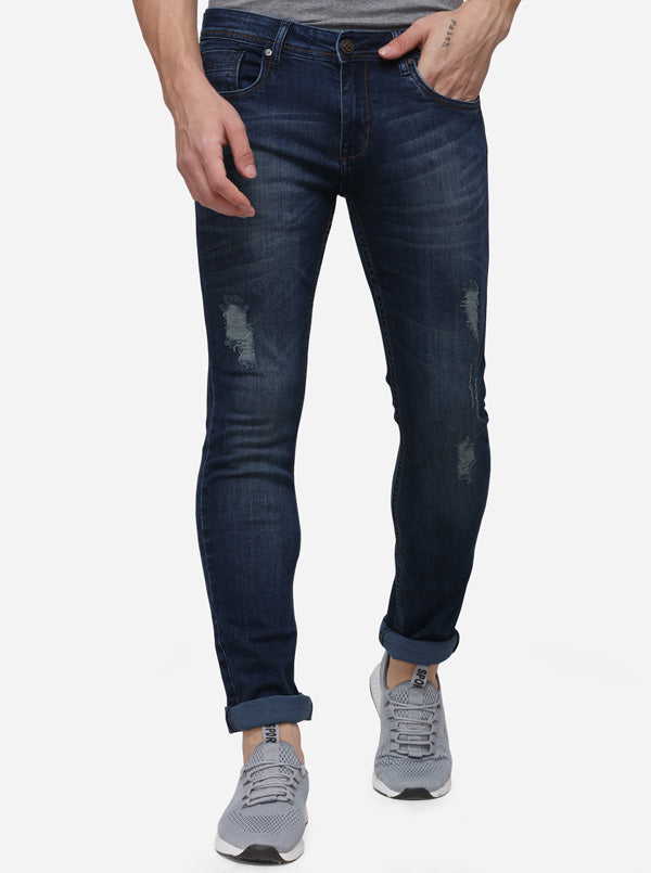 Dark Blue Narrow Fit Solid Jeans | Greenfibre