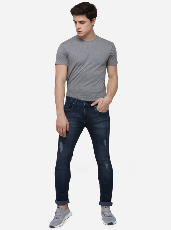 Dark Blue Narrow Fit Solid Jeans | Greenfibre