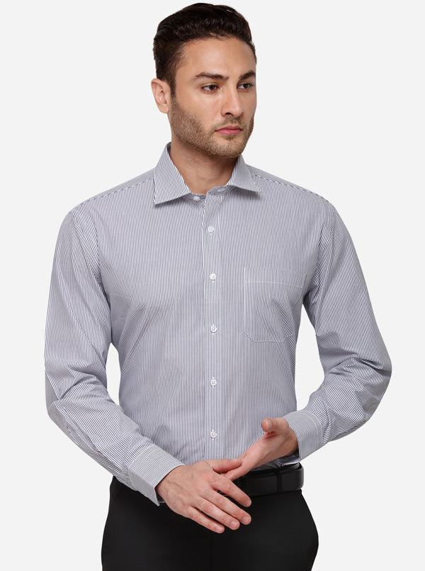 Grey & White Striped Regular Fit Formal Shirt | JadeBlue