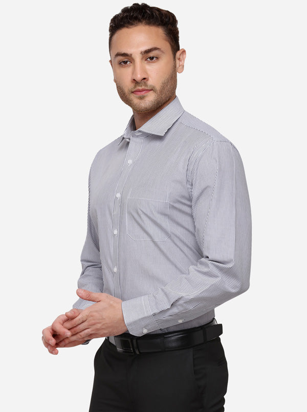Grey & White Striped Regular Fit Formal Shirt | JadeBlue