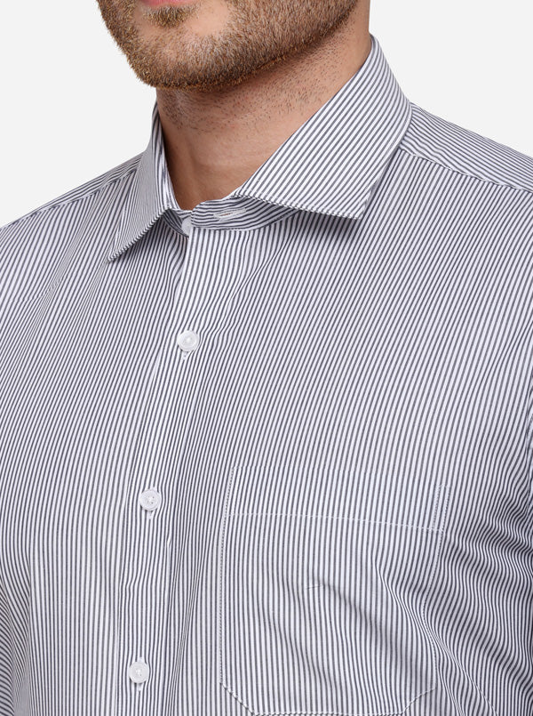 Grey & White Striped Regular Fit Formal Shirt | JadeBlue