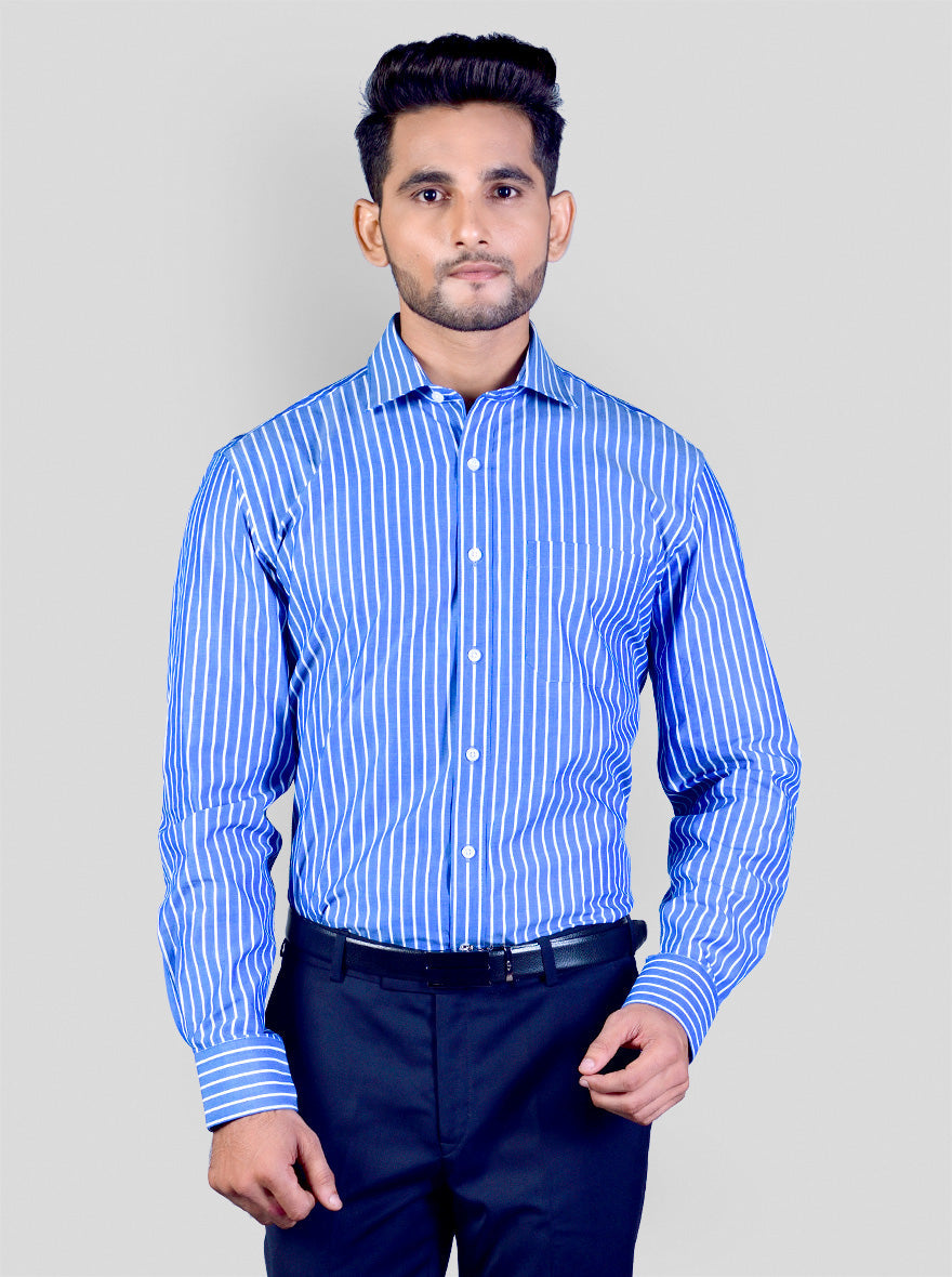 Steel Blue & White Striped Regular Fit Formal Shirt | JadeBlue