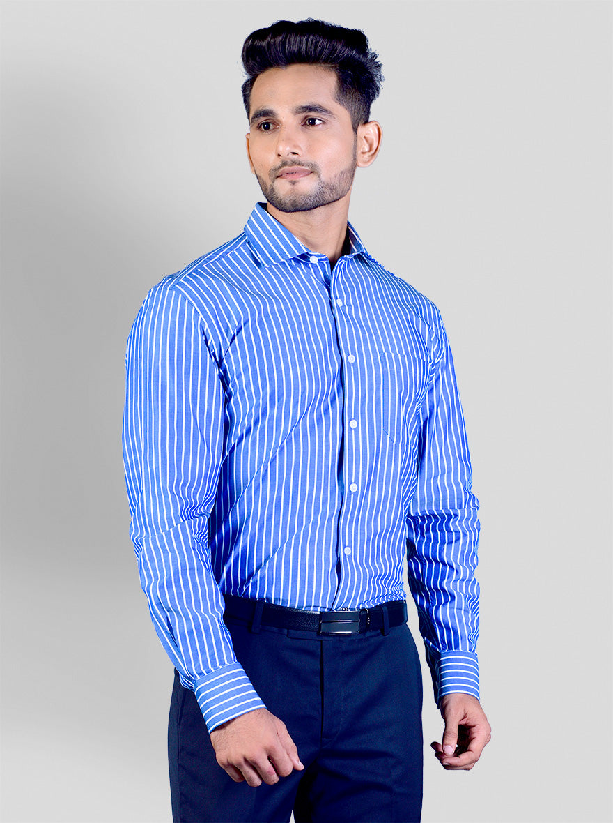 Steel Blue & White Striped Regular Fit Formal Shirt | JadeBlue