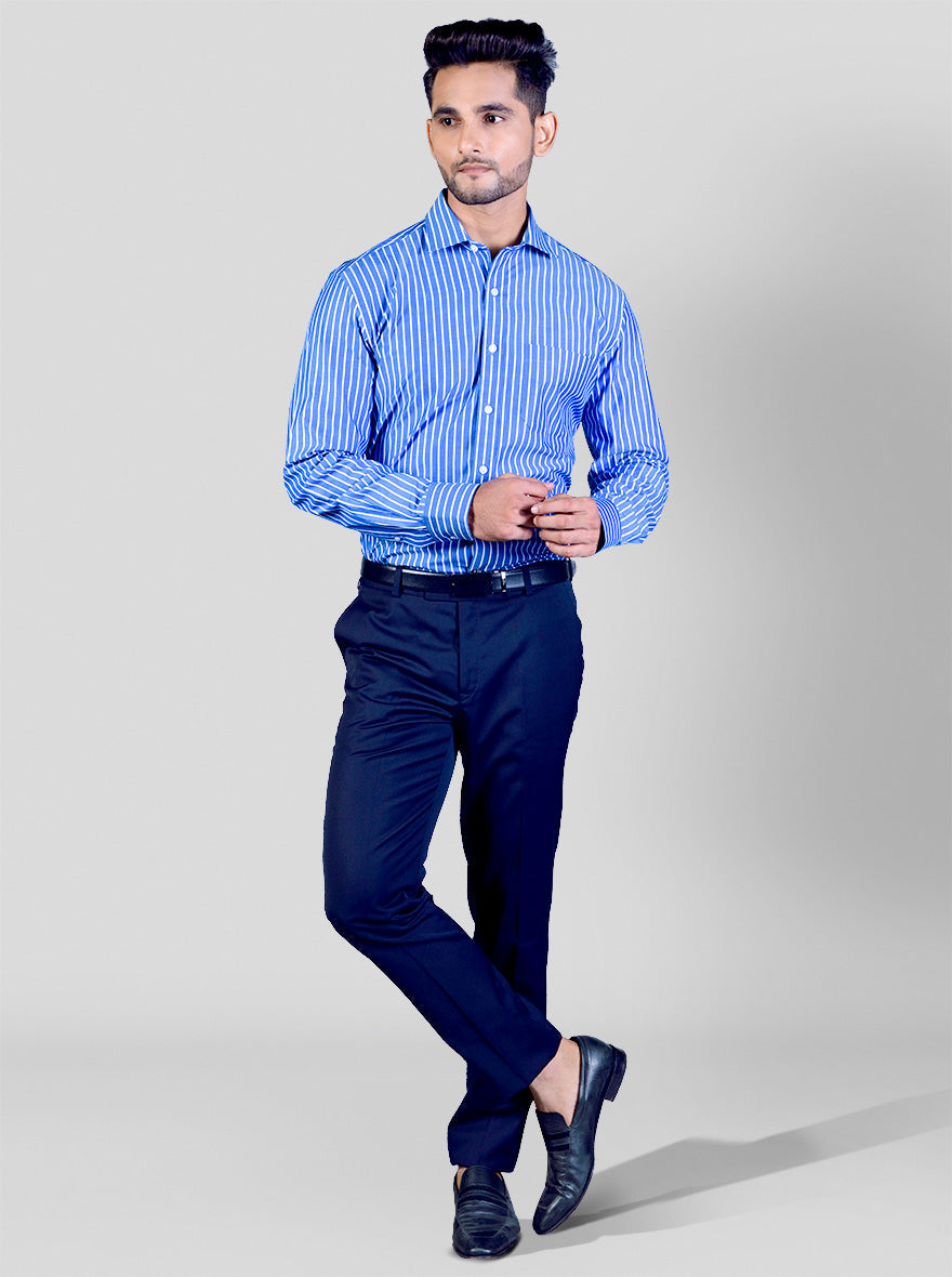 Steel Blue & White Striped Regular Fit Formal Shirt | JadeBlue