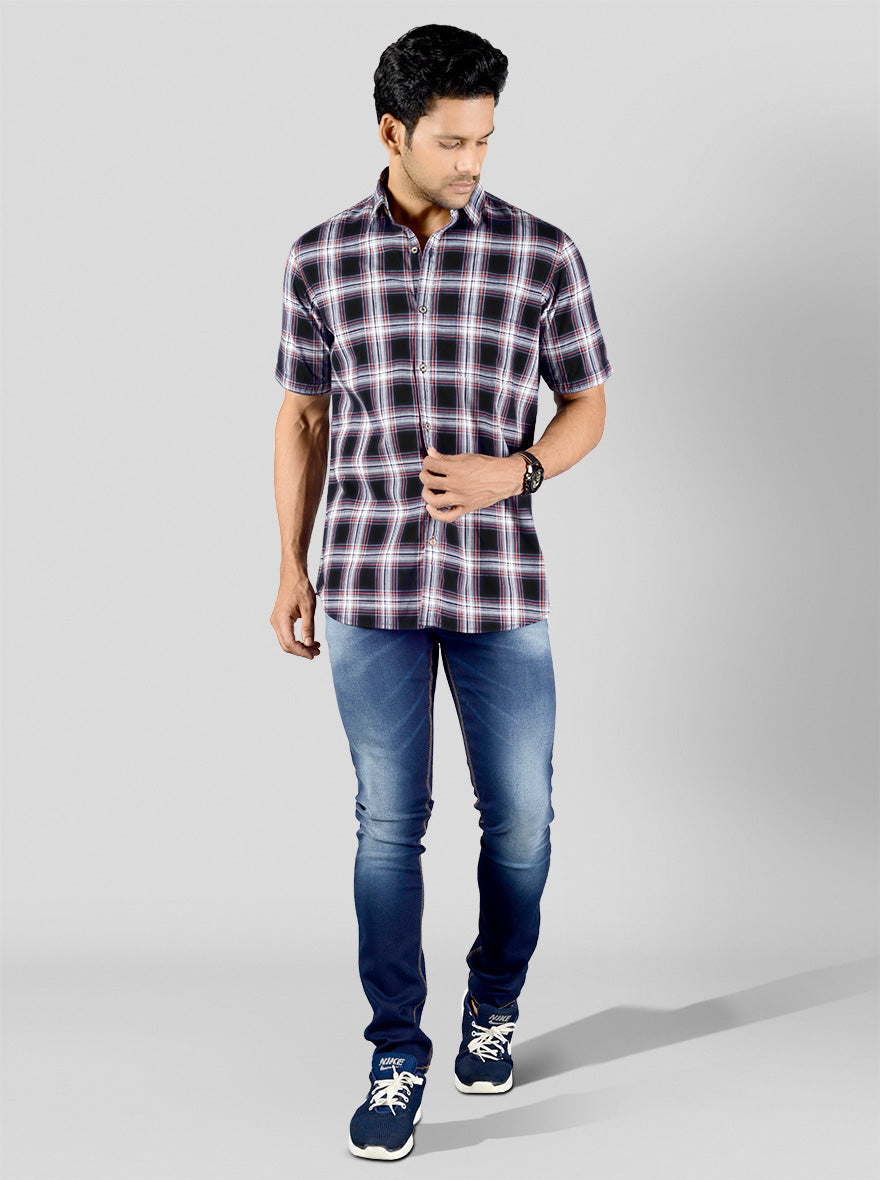 Iris Black Checked Slim Fit Casual Shirt | JB Sport