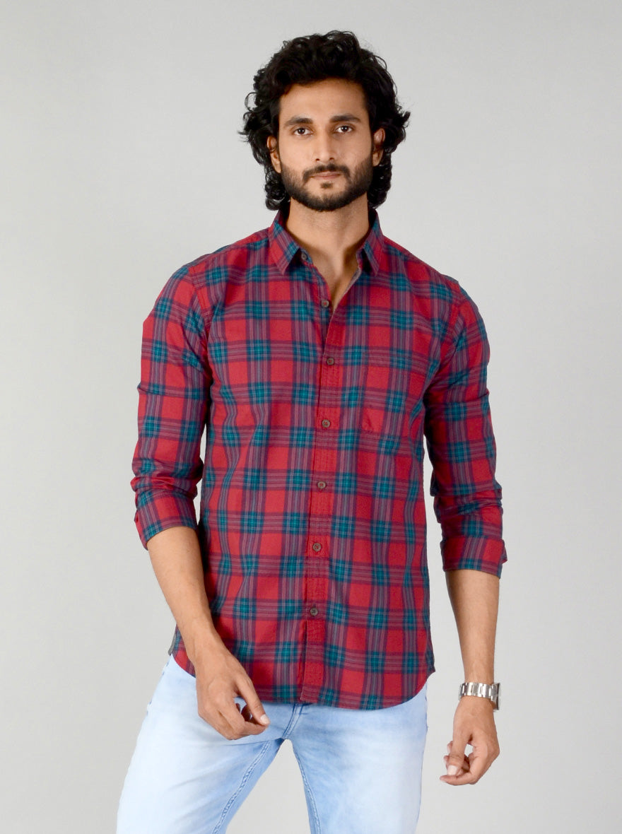 Garnet Red & Blue Checked Slim Fit Casual Shirt | JB Sport