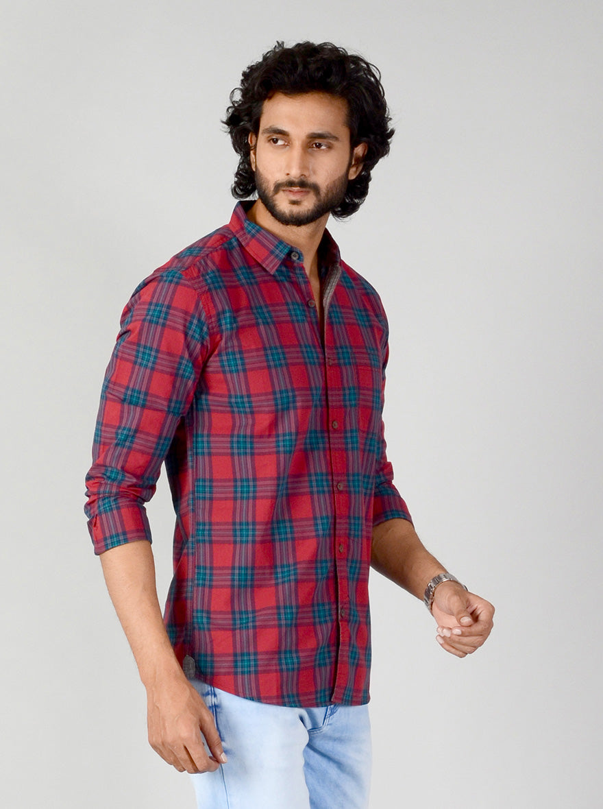 Garnet Red & Blue Checked Slim Fit Casual Shirt | JB Sport