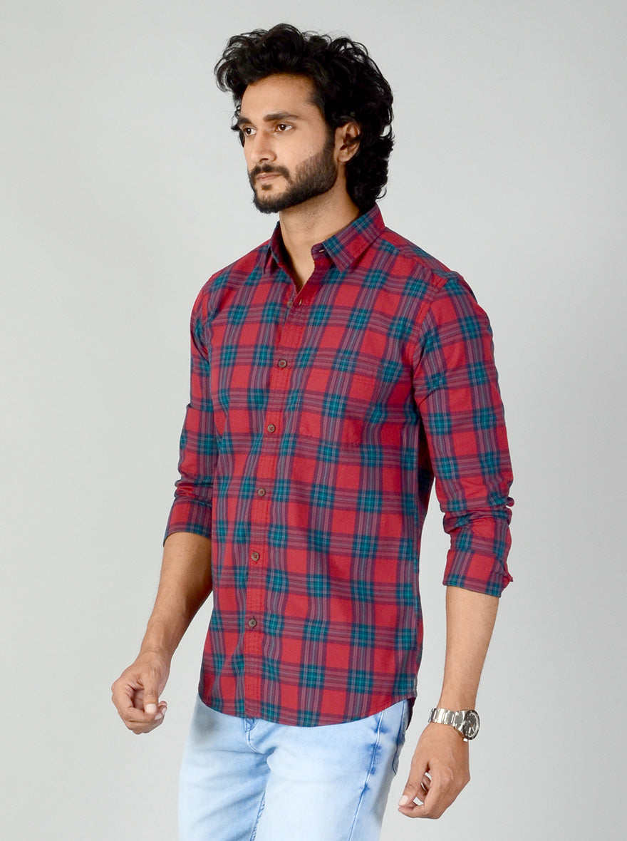 Garnet Red & Blue Checked Slim Fit Casual Shirt | JB Sport