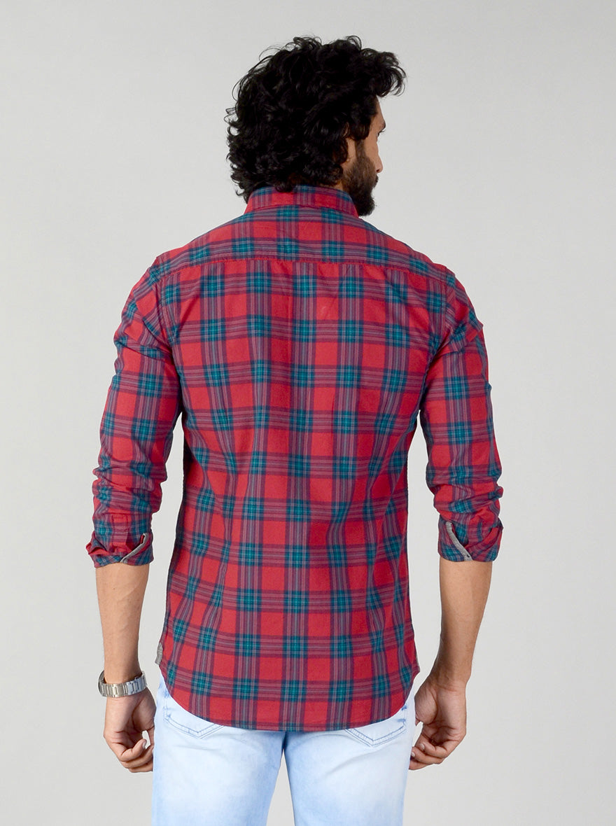 Garnet Red & Blue Checked Slim Fit Casual Shirt | JB Sport