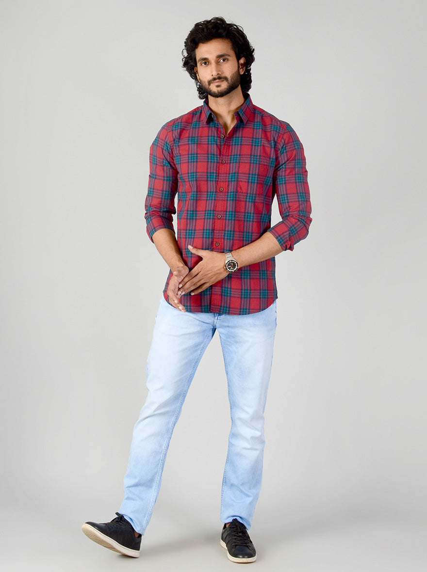 Garnet Red & Blue Checked Slim Fit Casual Shirt | JB Sport