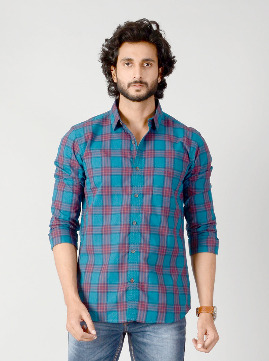 Ocean Blue & Red Checked Slim Fit Casual Shirt | JB Sport