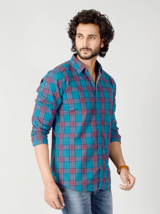 Ocean Blue & Red Checked Slim Fit Casual Shirt | JB Sport