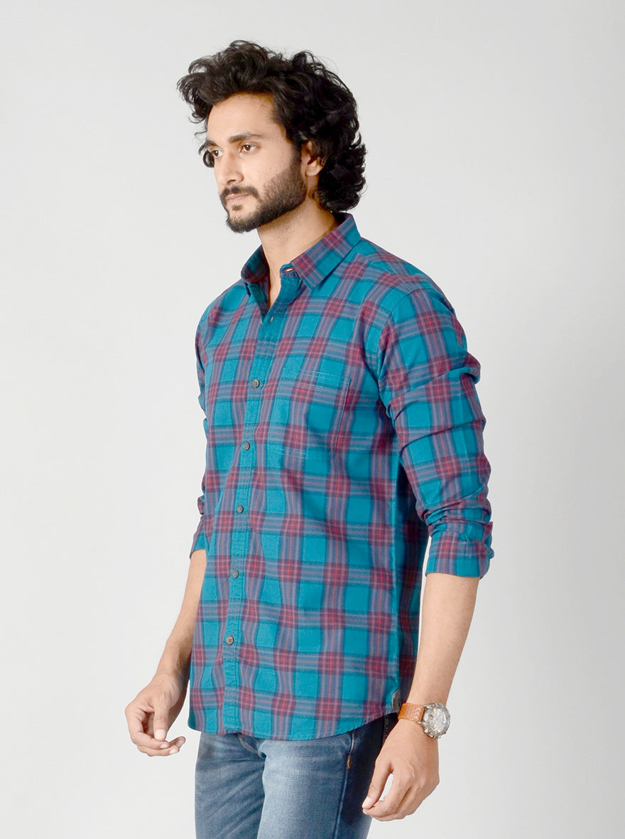 Ocean Blue & Red Checked Slim Fit Casual Shirt | JB Sport