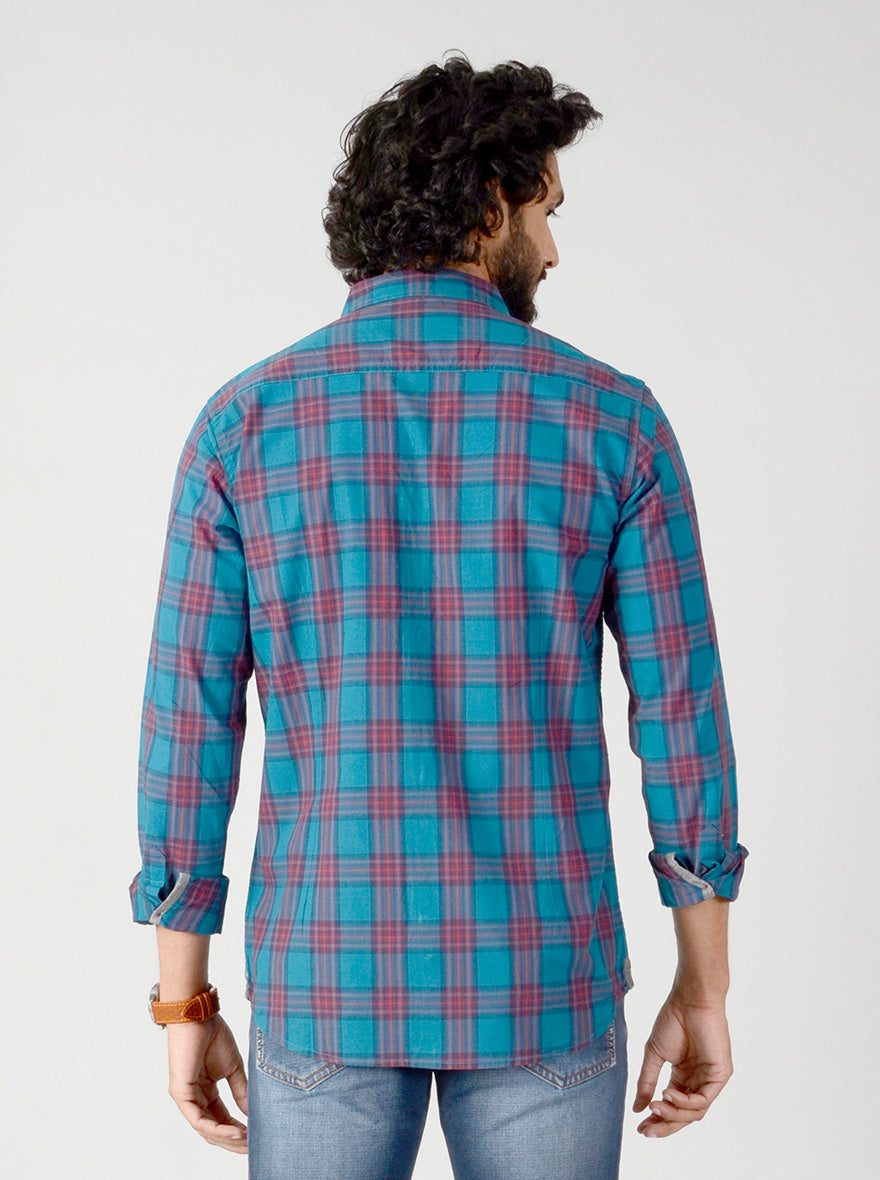 Ocean Blue & Red Checked Slim Fit Casual Shirt | JB Sport