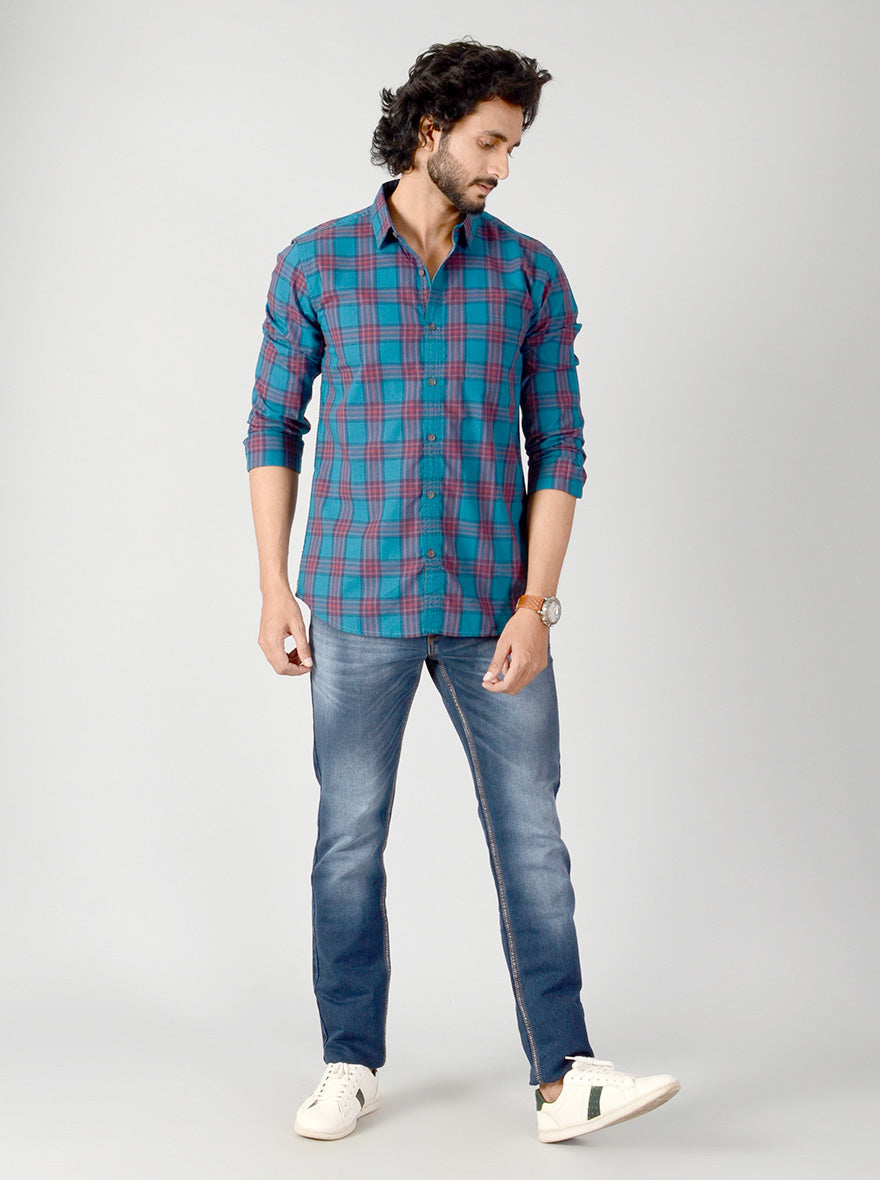 Ocean Blue & Red Checked Slim Fit Casual Shirt | JB Sport