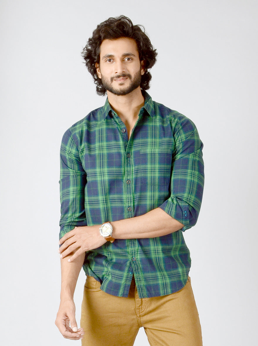 Medieval Blue & Green Checked Slim Fit Casual Shirt | JB Sport