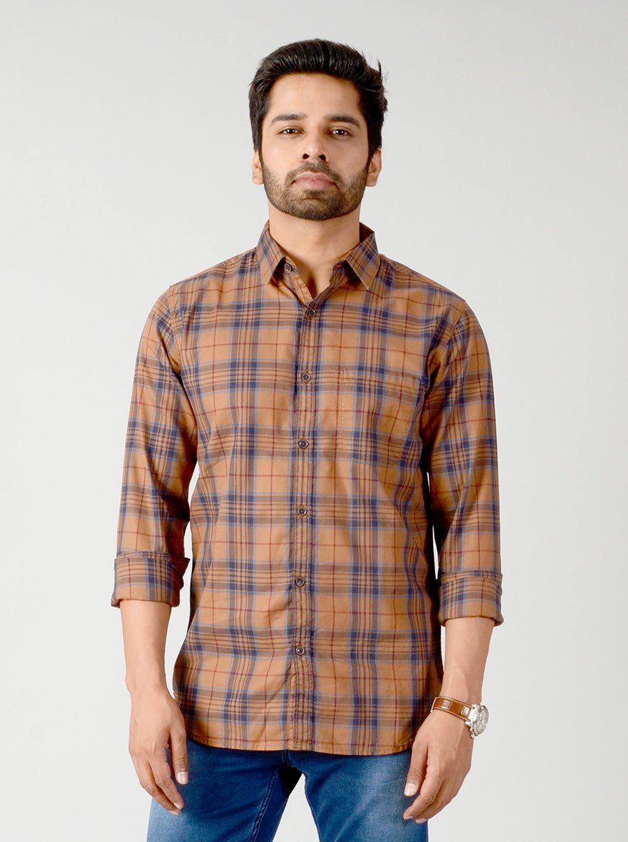 Cashew Brown & Blue Checked Slim Fit Casual Shirt | JB Sport