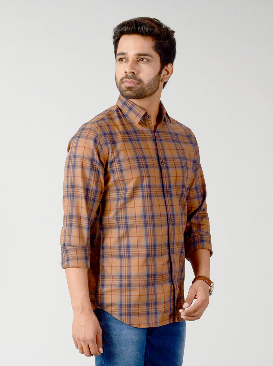 Cashew Brown & Blue Checked Slim Fit Casual Shirt | JB Sport