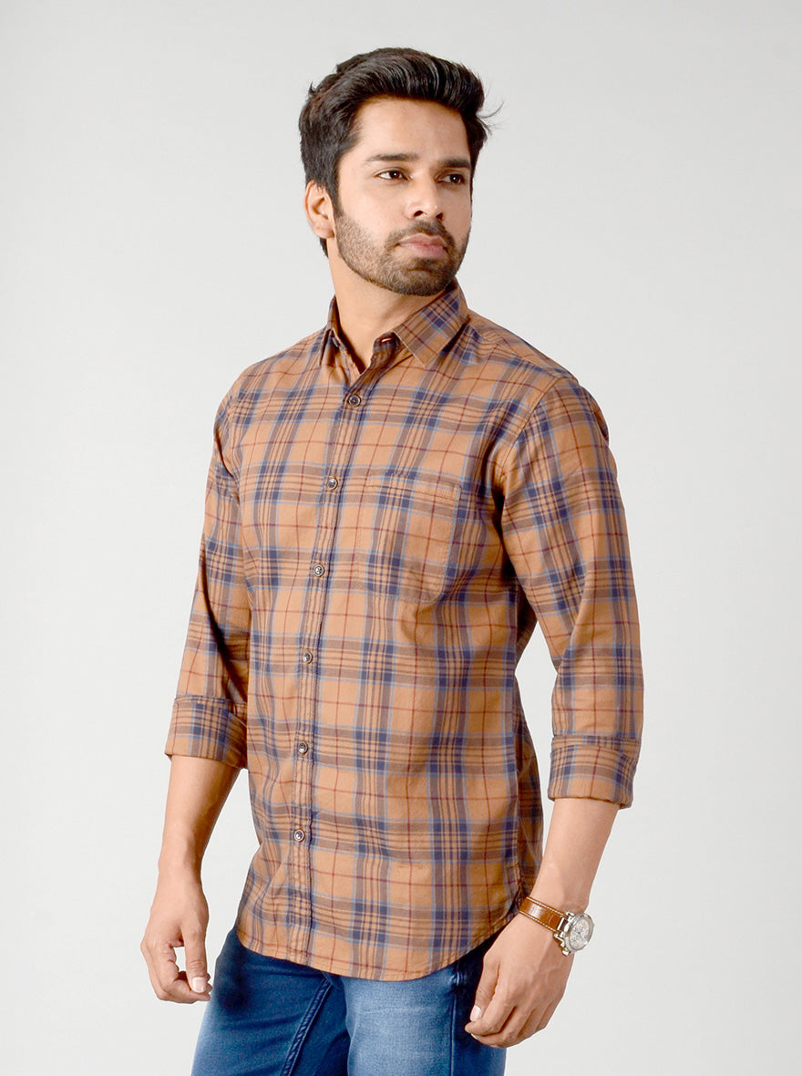 Cashew Brown & Blue Checked Slim Fit Casual Shirt | JB Sport